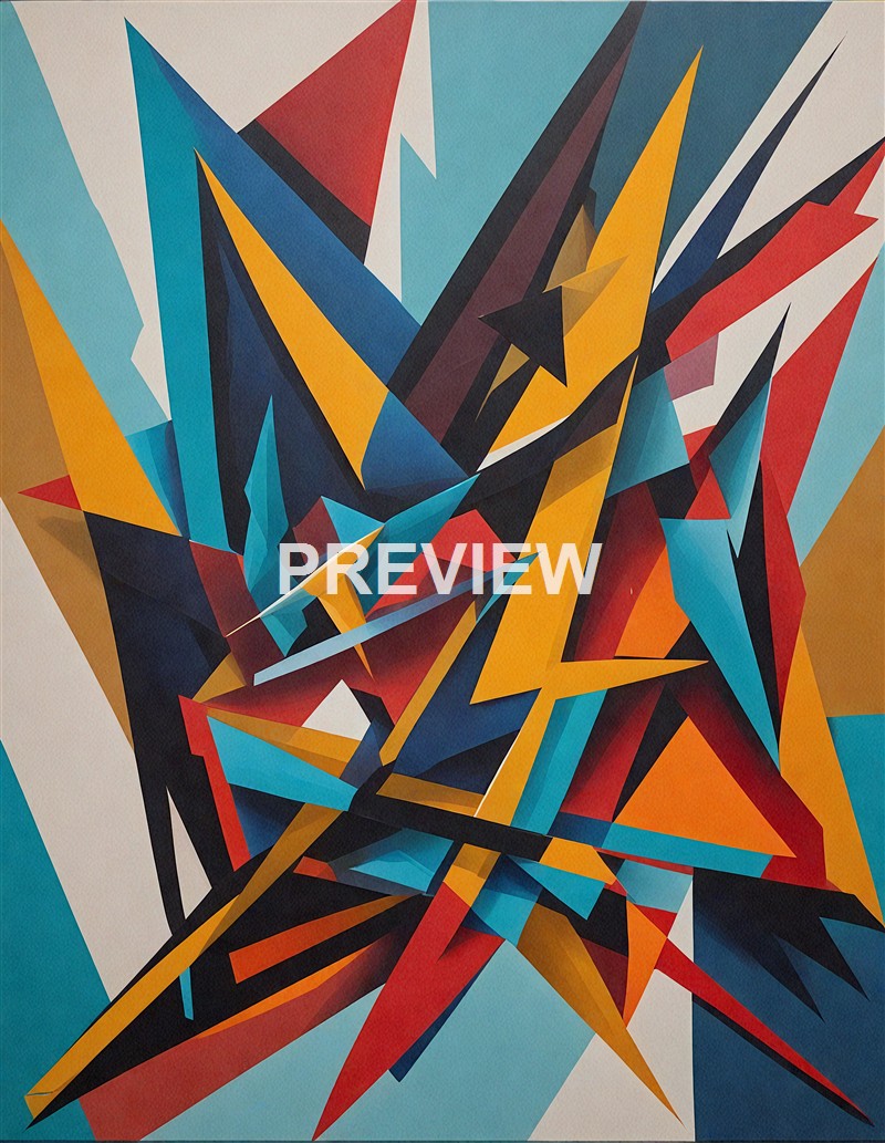 An abstract geometric artwork featuring sharp, angular shapes in vibrant colors such as blue, red, yellow, black, and white, arranged in a dynamic, layered composition.